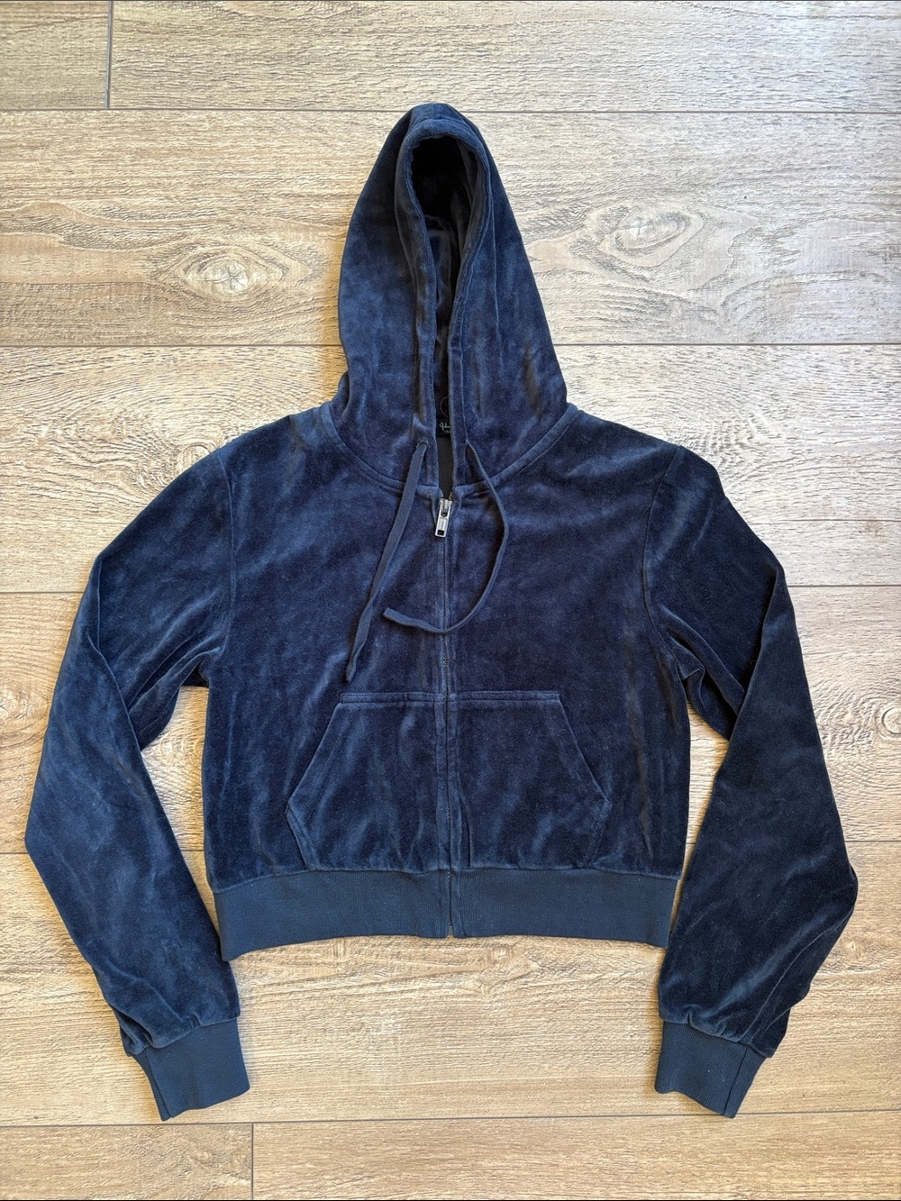John Galt Brandy Melville Navy Blue Velour Hooded Zip-Up Cropped Jacket